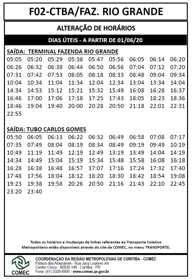 ALTERAÇÕES DE HORÁRIOS F02 Curitiba / Fazenda Rio Grande Notícias Grupo Leblon Transporte