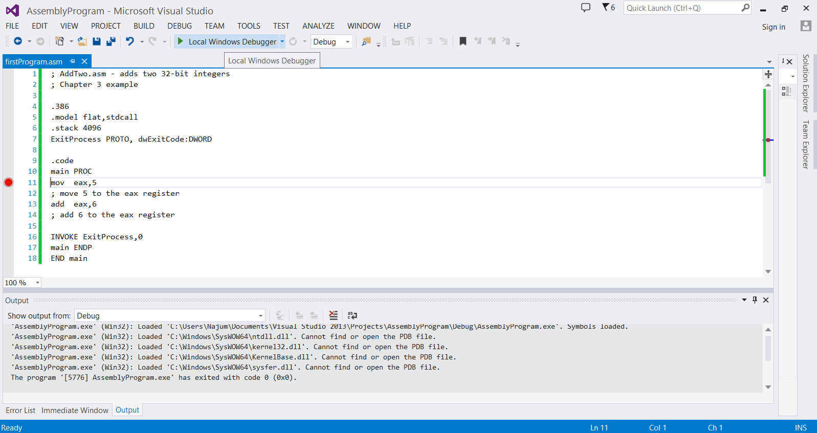 Run your first program in Assembly Language using Visual Studio