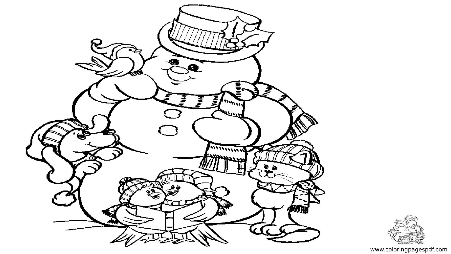 Coloring Page Of A Snowman With Animals