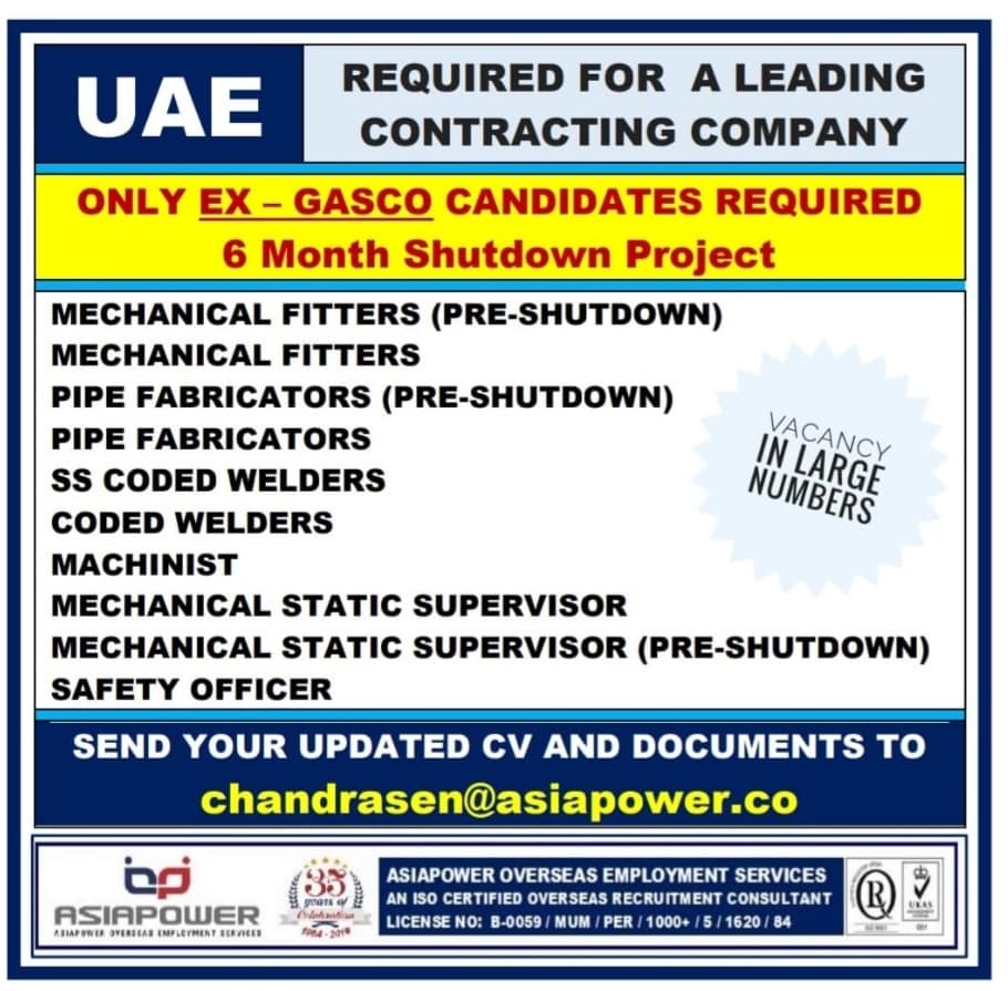 UAE JOBS REQUIRED FOR A LEADING CONTRATING COMPANY IN UAE