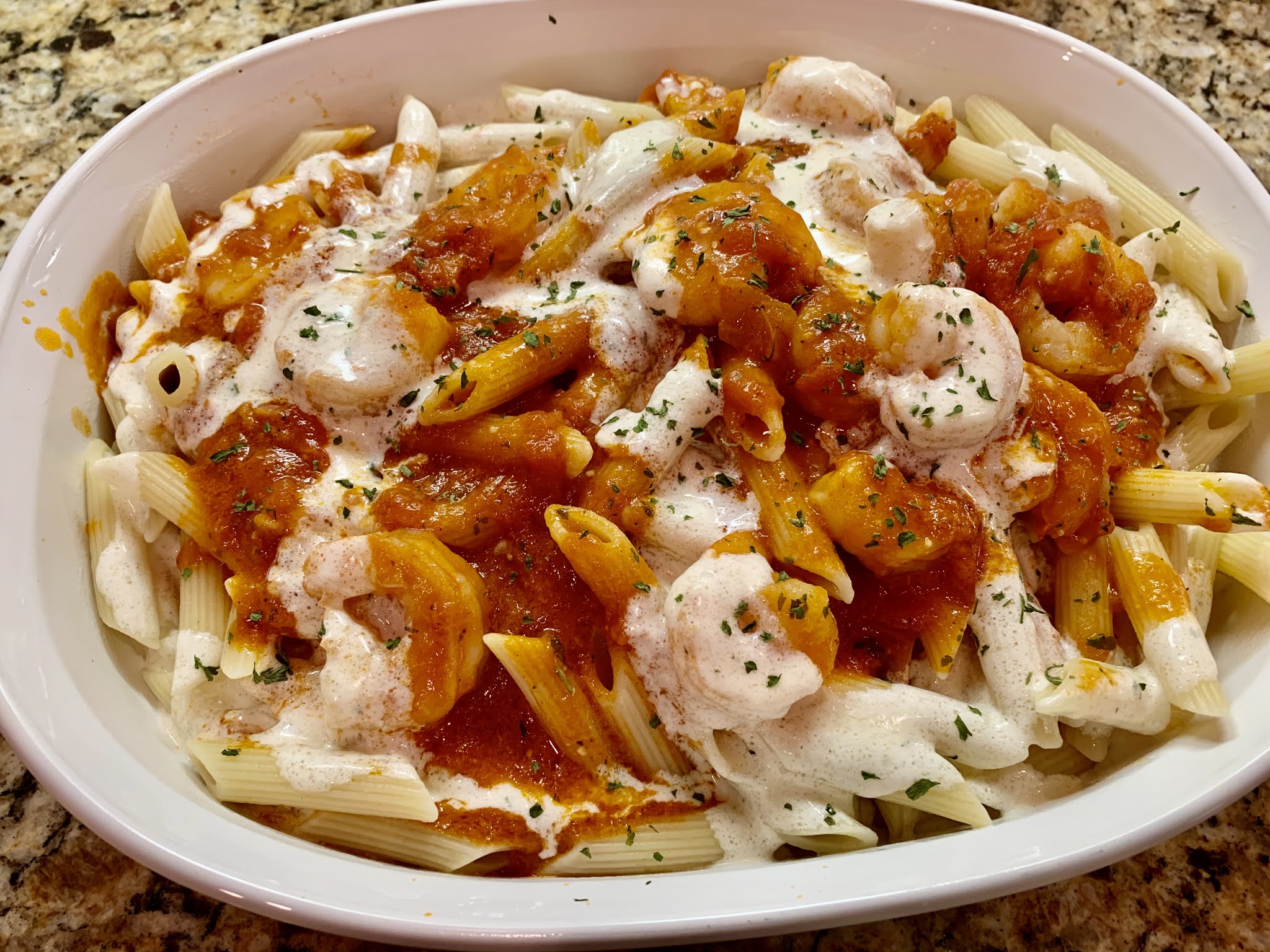 I Like to Bake and Cook Blog Alfredo topped shrimp marinara