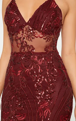 Burgundy strappy sheer panel sequin bodycon prom dress front design