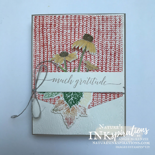 By Angie McKenzie for the Crafty Collaborations Autumn Blog Hop; Click READ or VISIT to go to my blog for details! Featuring the Gorgeous Leaves Bundle, the Nature's Harvest Cling Stamp Set along with the Knit Together Cling Stamp Set by Stampin' Up!; #handmadecards #autumncards #thankyoucards #coloringwithblends #stamping #gorgeousleaves #naturesharvest #knittogether #timber #basicborders #20212022annualcatalog #juldec2021minicatalog #naturesinkspirations #makingotherssmileonecreationatatime #coloringtechniques #fussycutting #stampinup #stampinupcolorcoordination