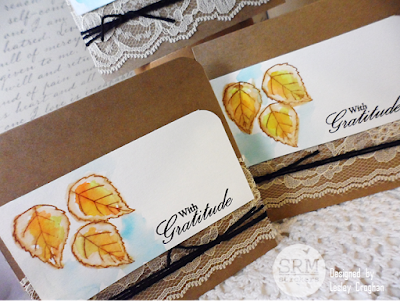 SRM Stickers Blog - Leaf Gift Card Set by Lesley - #cardset #cards #autumn #janesdoodles #autumnblessings #lace #twine #giftset #A2box