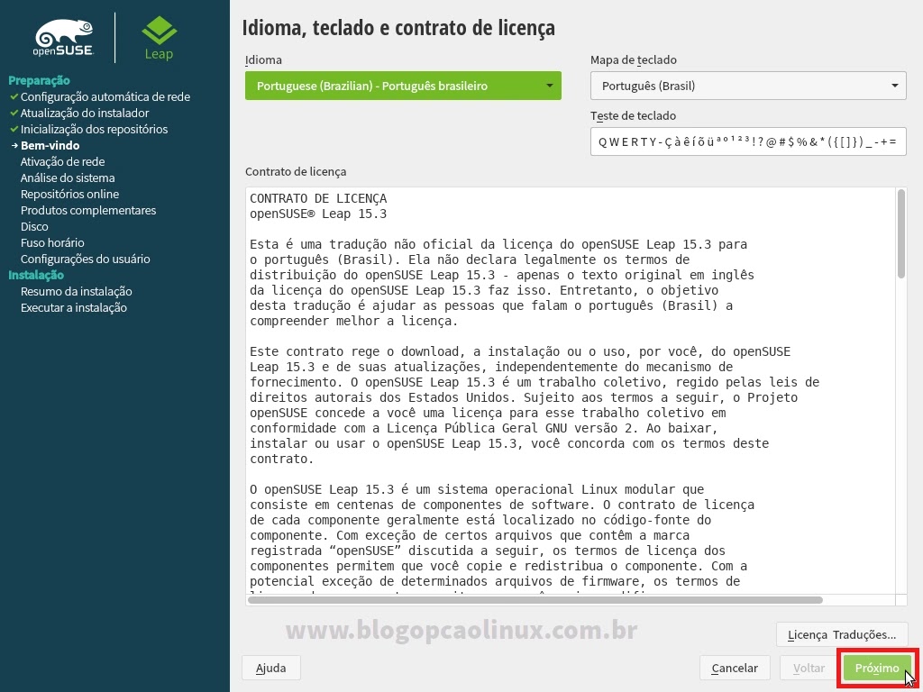 Configure o seu Idioma, o Teclado e leia os Termos do Contrato do openSUSE Leap 15.3