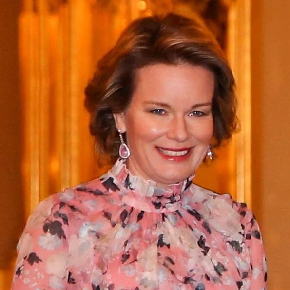 Queen Mathilde wore Erdem Clementine gown in apsley pink, pink diamond earrings