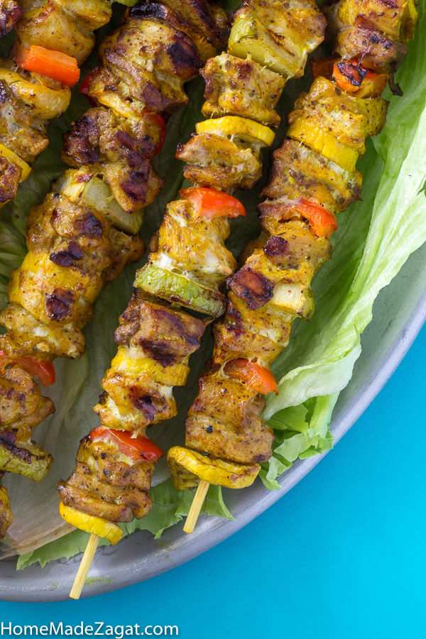 Close up of spicy chicken kebabs