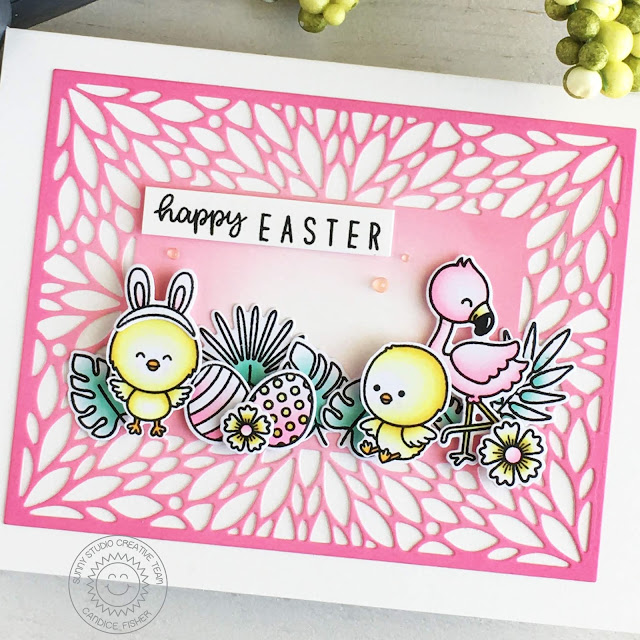 Sunny Studio Stamps: Blooming Frame Die Chickie Baby Fabulous Flamingos Kinsley Alphabet Dies Easter Card by Candice Fisher Sunny Studio Stamps: Blooming Frame Die Chickie Baby Fabulous Flamingos Kinsley Alphabet Dies Easter Card by Candice Fisher