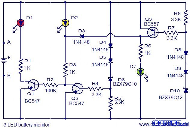 Circuit 3 LED battery monitor - Electronic Circuit