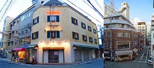 Left: The restaurant is the third floor. Right: the street in front of the restaurant.