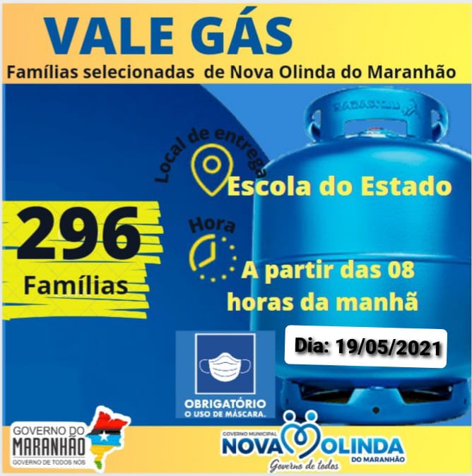 296 famílias receberão recargas de gás no próximo dia 19 em Nova Olinda