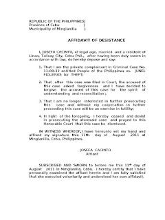 desistance affidavit sample accident theft qualified vehicular philippin collections case