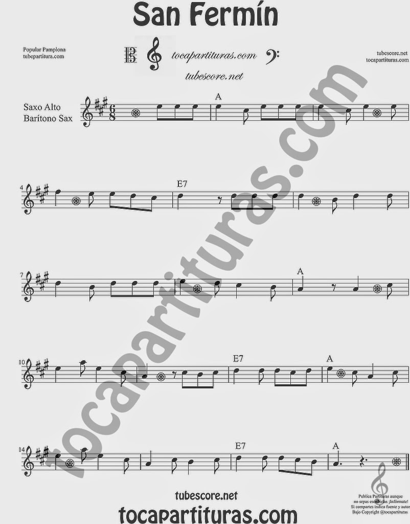  San Fermín Partitura de Saxofón Alto y Sax Barítono Sheet Music for Alto and Baritone Saxophone Music Scores