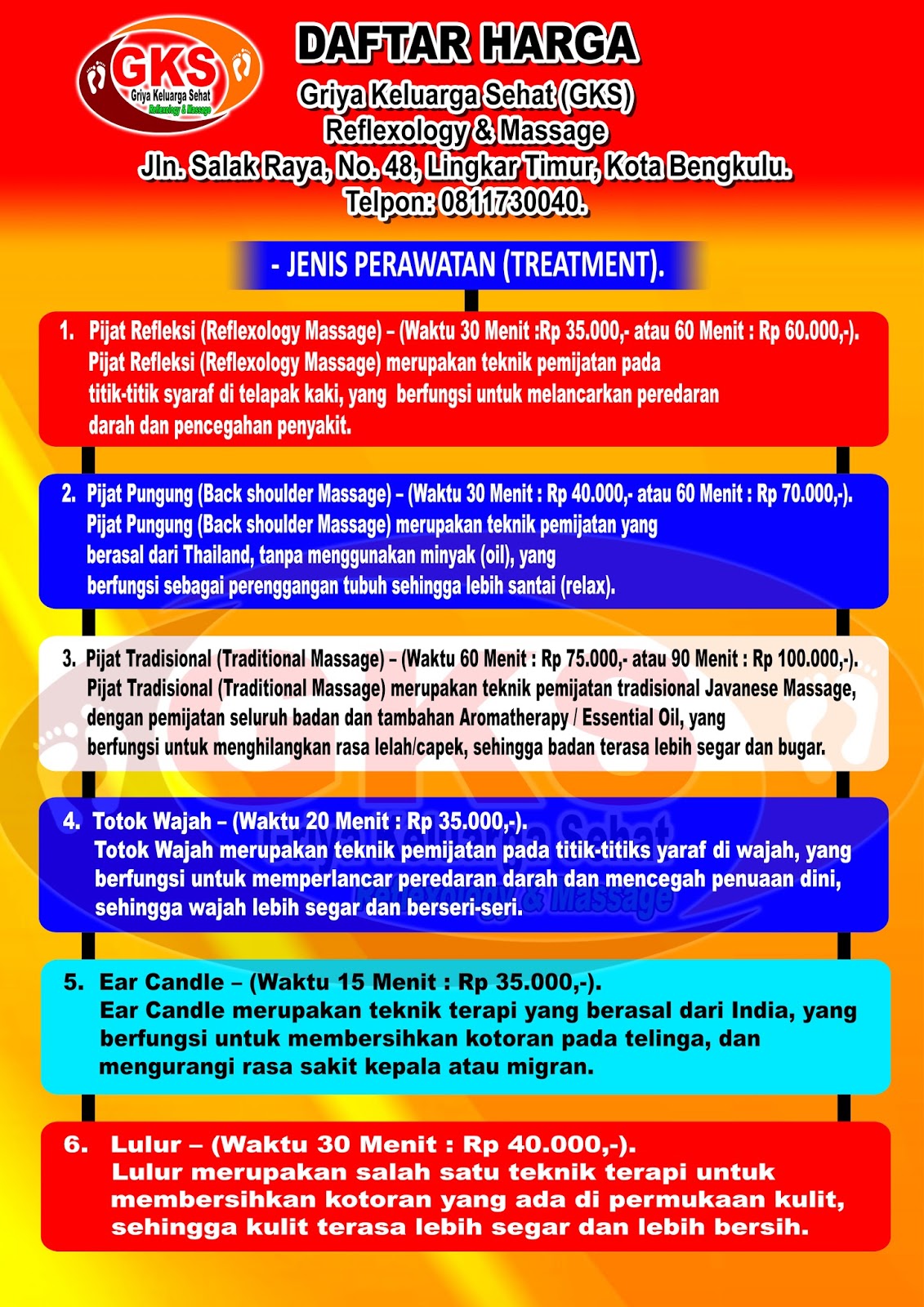 Griya Keluarga Sehat (GKS) Bengkulu Daftar Harga Paket Pijat