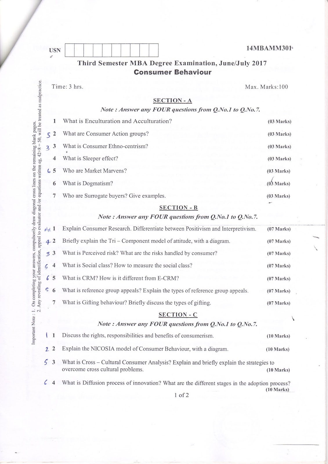 AR VTU MBA E-NOTES: VTU MBA 3rd sem question papers Consumer Behavior