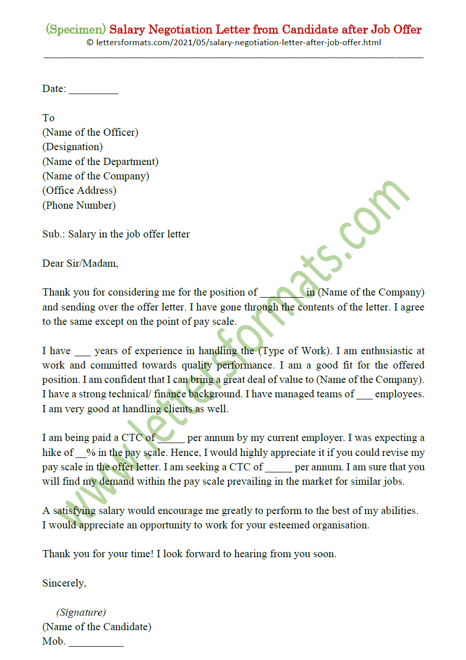 Sample Salary Negotiation Letter From Candidate After Job Offer