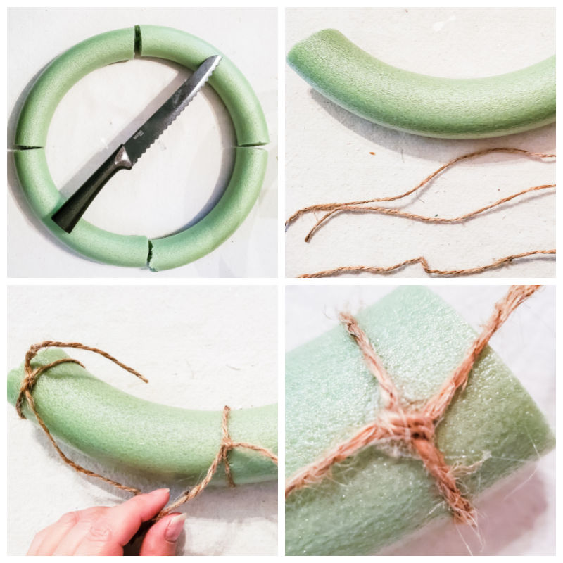 cut a foam wreath in fours and tie with jute