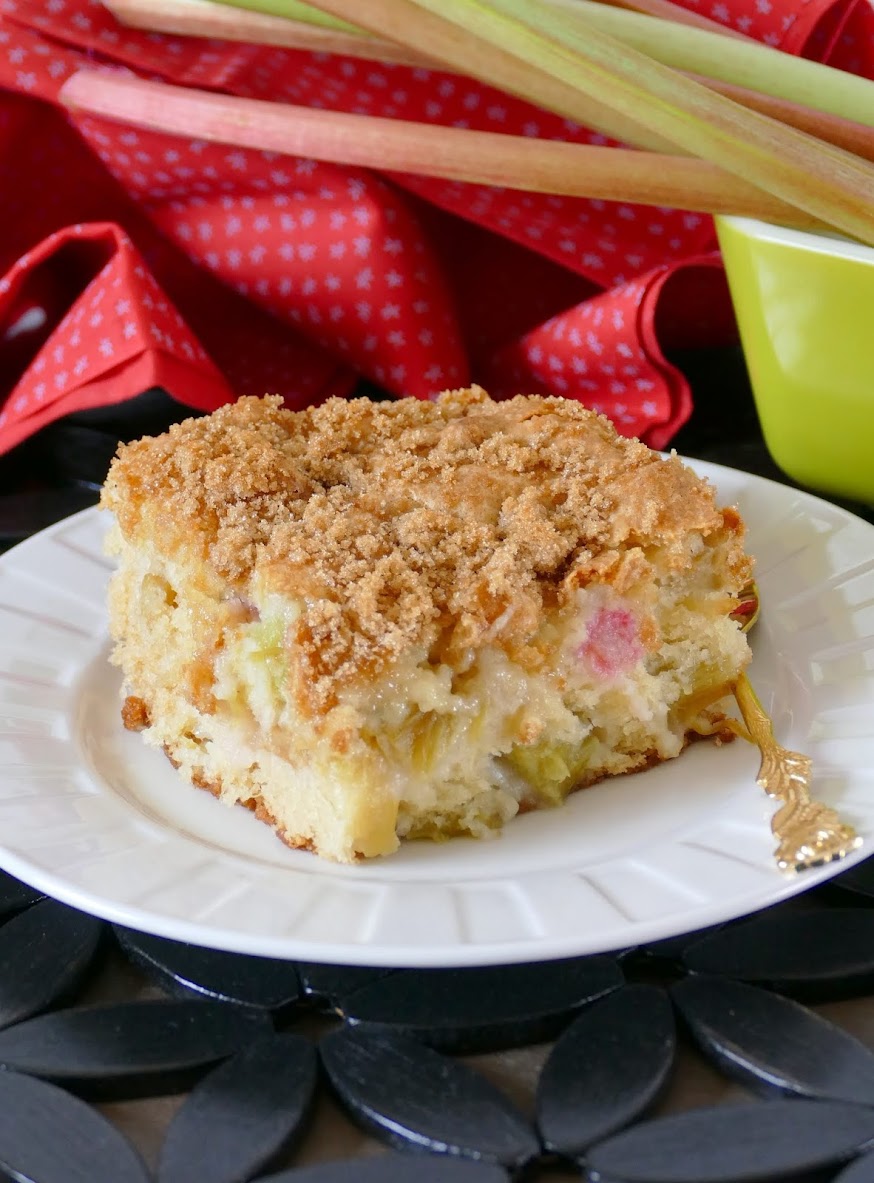 This spring and summer cake is absolutely perfect with the tart rhubarb and crunchy brown sugar topping! Great for BBQ's, picnics, brunch or parties!