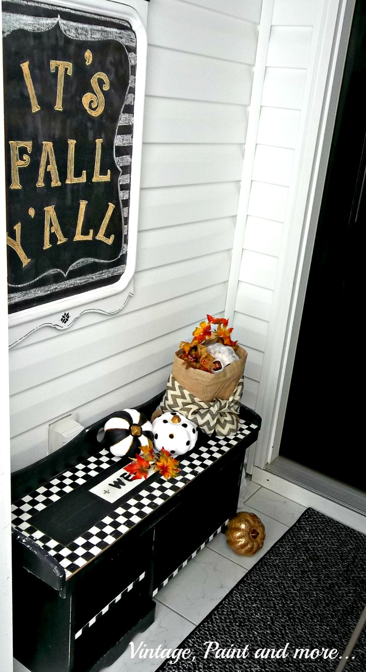 Vintage, Paint and more... black, white and gold painted pumpkins in a whimsical fall enryway