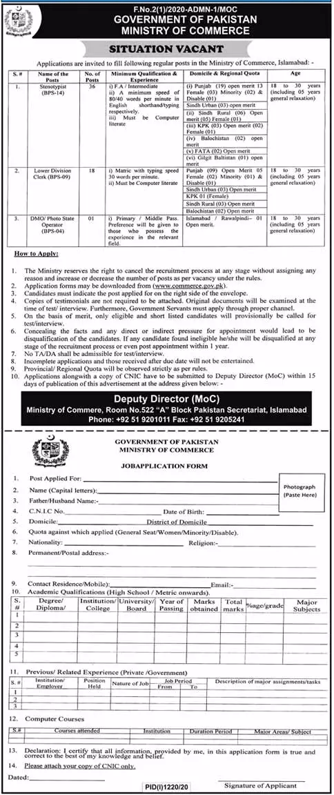 Latest Jobs In Federal Govt Jobs Ministry Of Commerce MOC Jobs 2020 Apply Now
