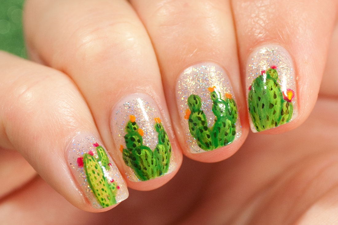 Freehand Cacti Nail Art - green cactus manicure