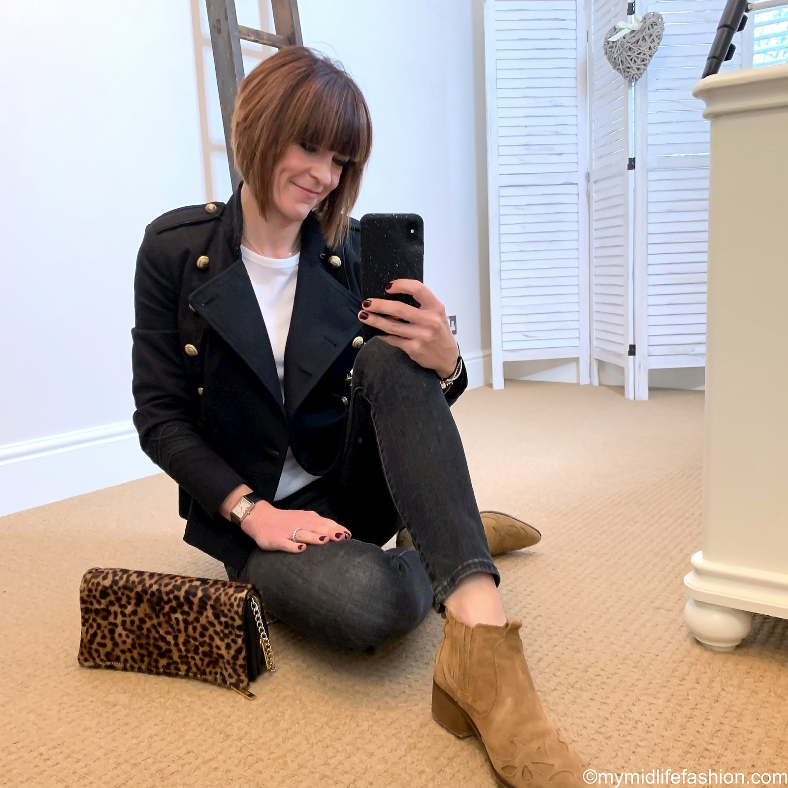 my midlife fashion, Isabel Marant Etoile military jacket, app leopard print clutch bag, marks and Spencer pure cotton long sleeve crew neck t shirt, j crew 9 high rise toothpick jeans, Zara western heel ankle boots