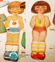 Советские бумажные куклы мальчик и девочка СССР майка яблоко гриб жёдтая майка на девочке мальчик рыжий, девочка брюнетка курносые.