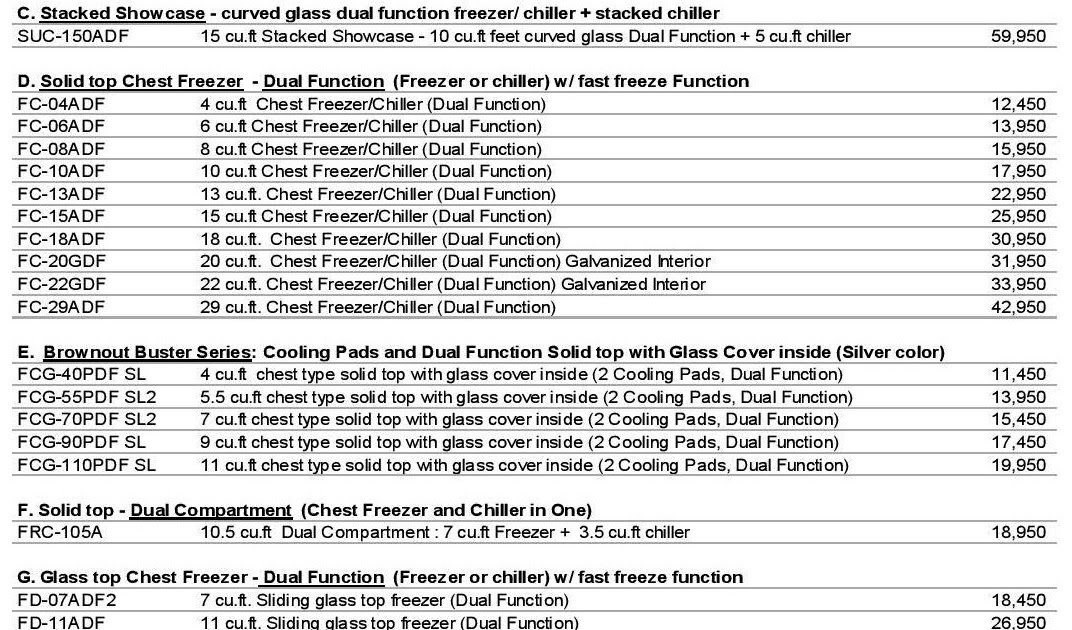FUJIDENZO FREEZERS PRICE LIST