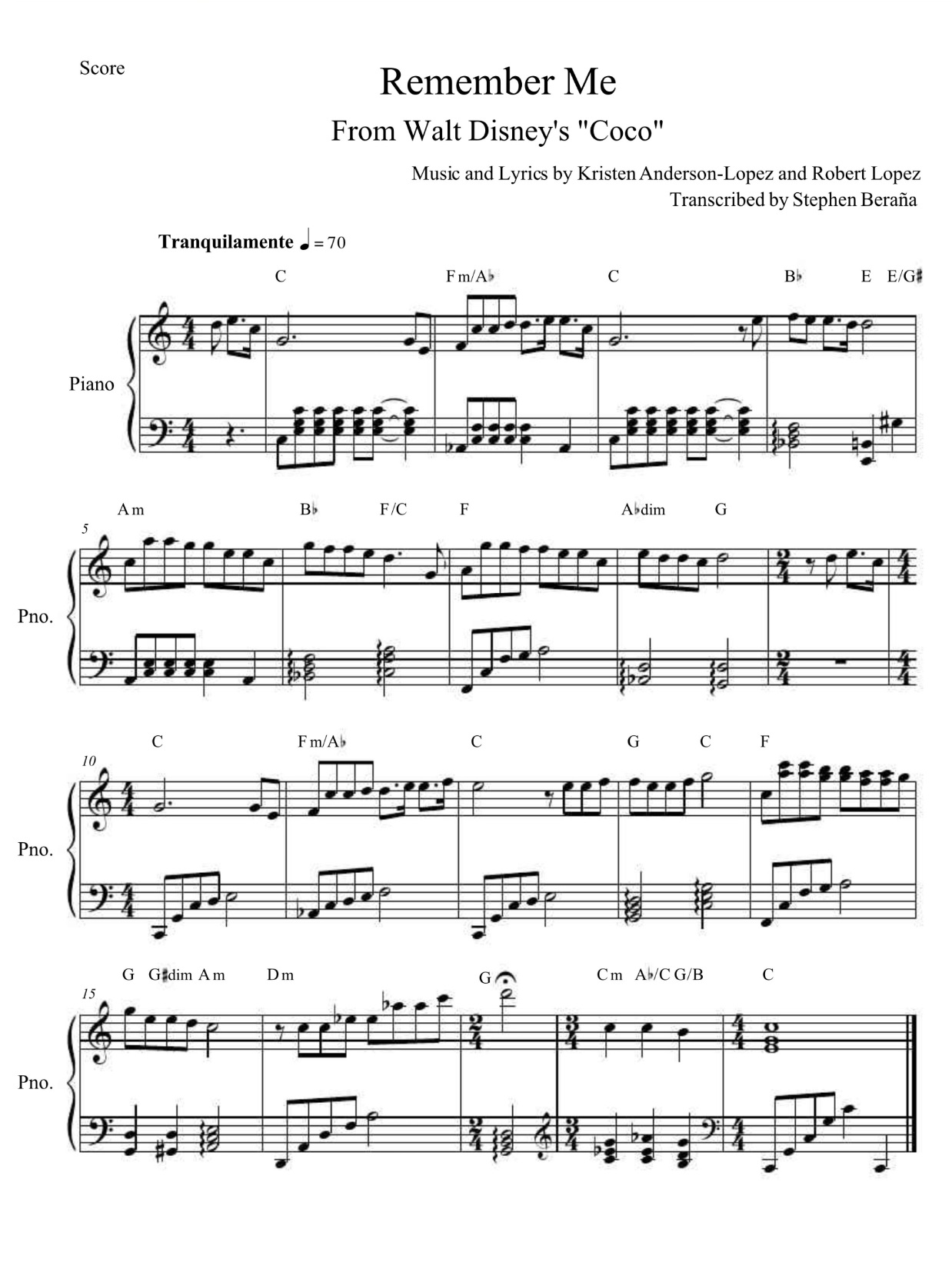 Remember me Coco (Partitura descargable)