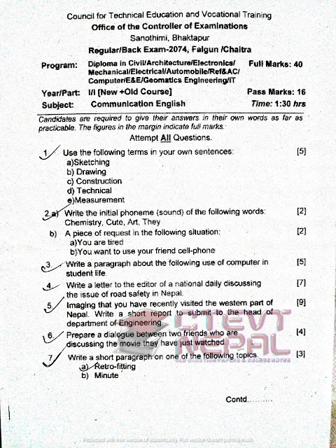 [CTEVT] 1st Year 1st Semester  Communication English | Questions Papers | Diploma in Engineering