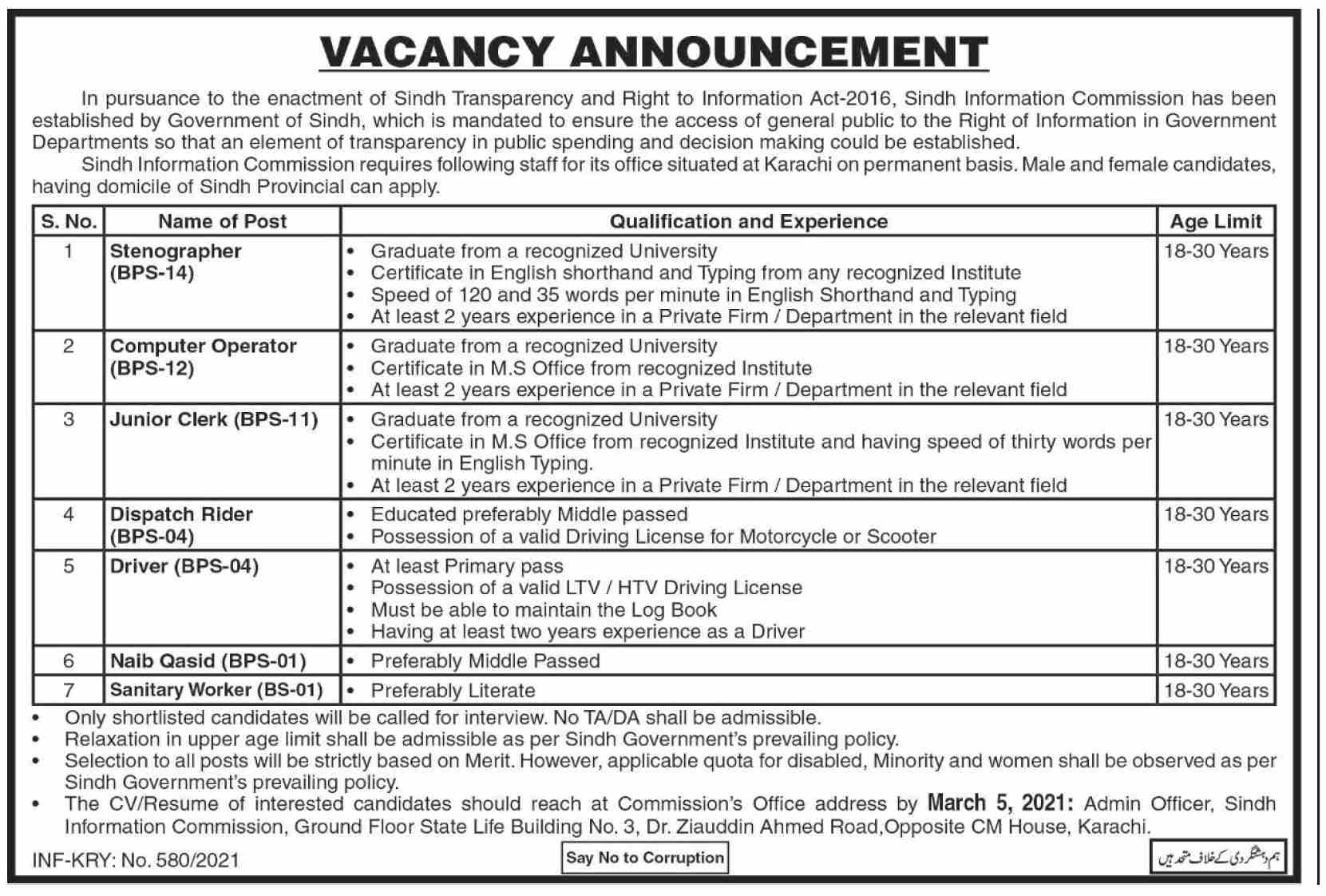 Information Commission Jobs 2021 - Karachi Jobs 2021 - New Sindh Jobs 2021 - Latest Today Govt Jobs 2021 in Pakistan