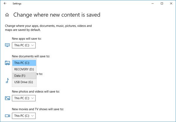 Cambiar la ubicación predeterminada para guardar en Windows 10