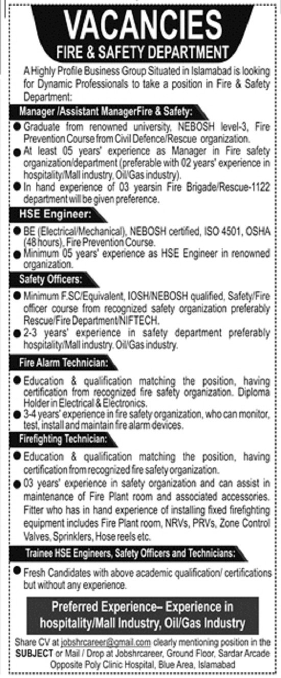 Fire and Safety Department Jobs 2021 Islamabad