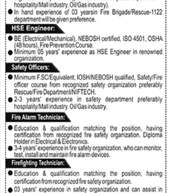 Fire and Safety Department Jobs 2021 Islamabad