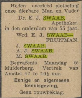 Overlijdensadvertentie, Algemeen Handelblad,d.d. 07-08-1932