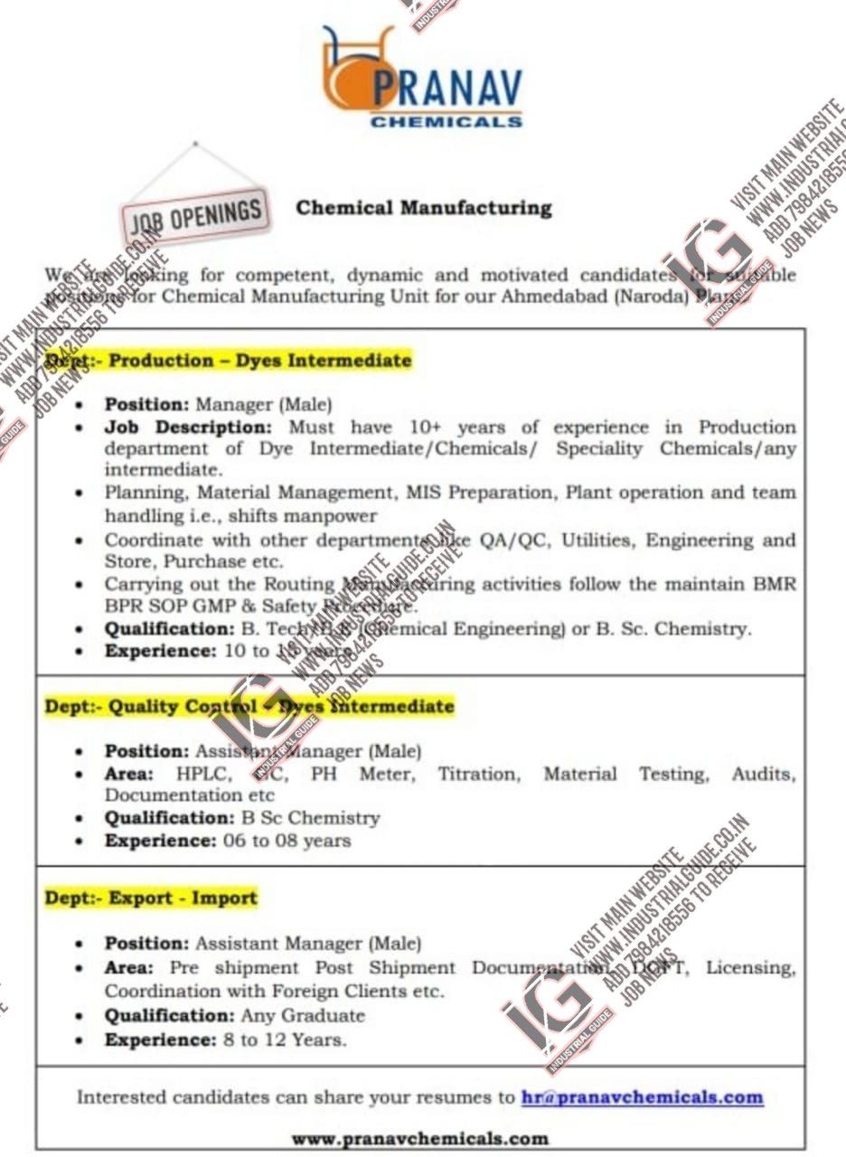 Pranav Chemical Ahmedabad jobs for Production Quality Control Export Import apply now