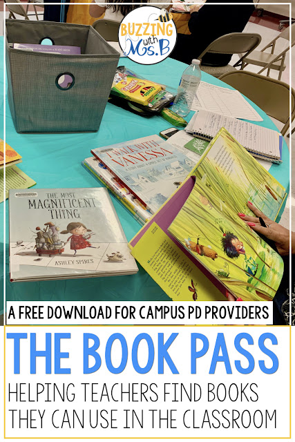 Make the most of your time during professional development by digging into the resources teachers can use in their classrooms! Providing time for teachers to dig into picture books that they can use as mentor texts or to activate background knowledge and spur discussions is a really valuable use of teachers' time during a workshop. At your next inservice, plan to use a Book Pass with the free download of the recording sheet and the book lists included in this post! Inservice is more meaningful when we walk away with a plan! # Make the most of your time during professional development by digging into the resources teachers can use in their classrooms! Providing time for teachers to dig into picture books that they can use as mentor texts or to activate background knowledge and spur discussions is a really valuable use of teachers' time during a workshop. At your next inservice, plan to use a Book Pass with the free download of the recording sheet and the book lists included in this post! Inservice is more meaningful when we walk away with a plan! #
