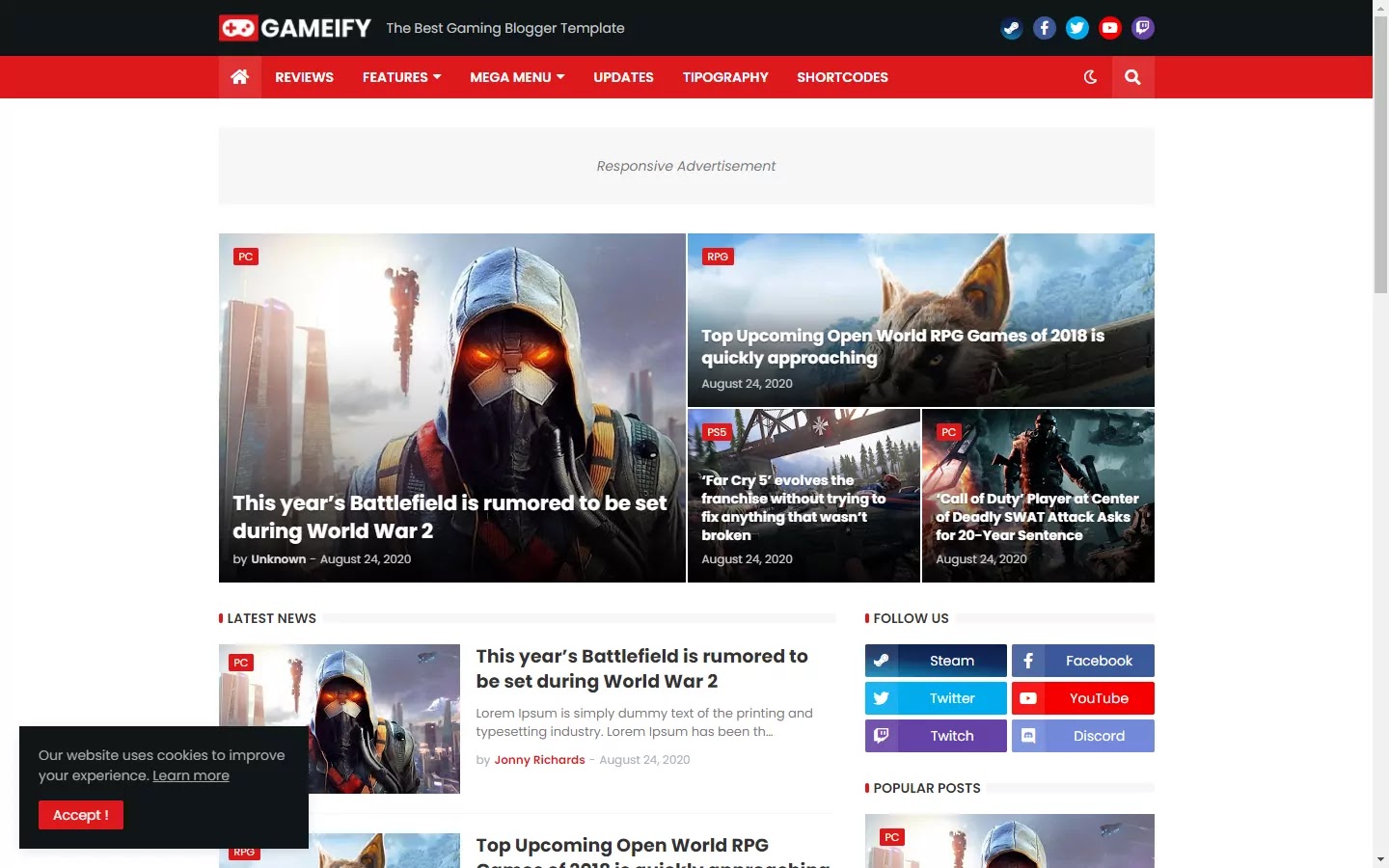 300+ Professional Blogger Templates - Amp, SEO Friendly, Responsive, and Fast Loading Template Gameify - Blog & Magazine Gaming Blogger Template