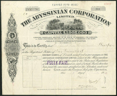 Abyssinian Corporation share certificate with vignette of elephant