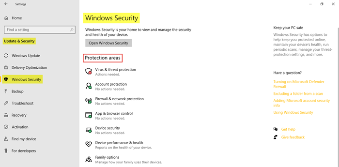 Configuración de seguridad y actualización de Windows en Windows 10