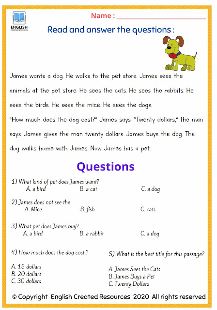 English Reading Comprehension For Class 5
