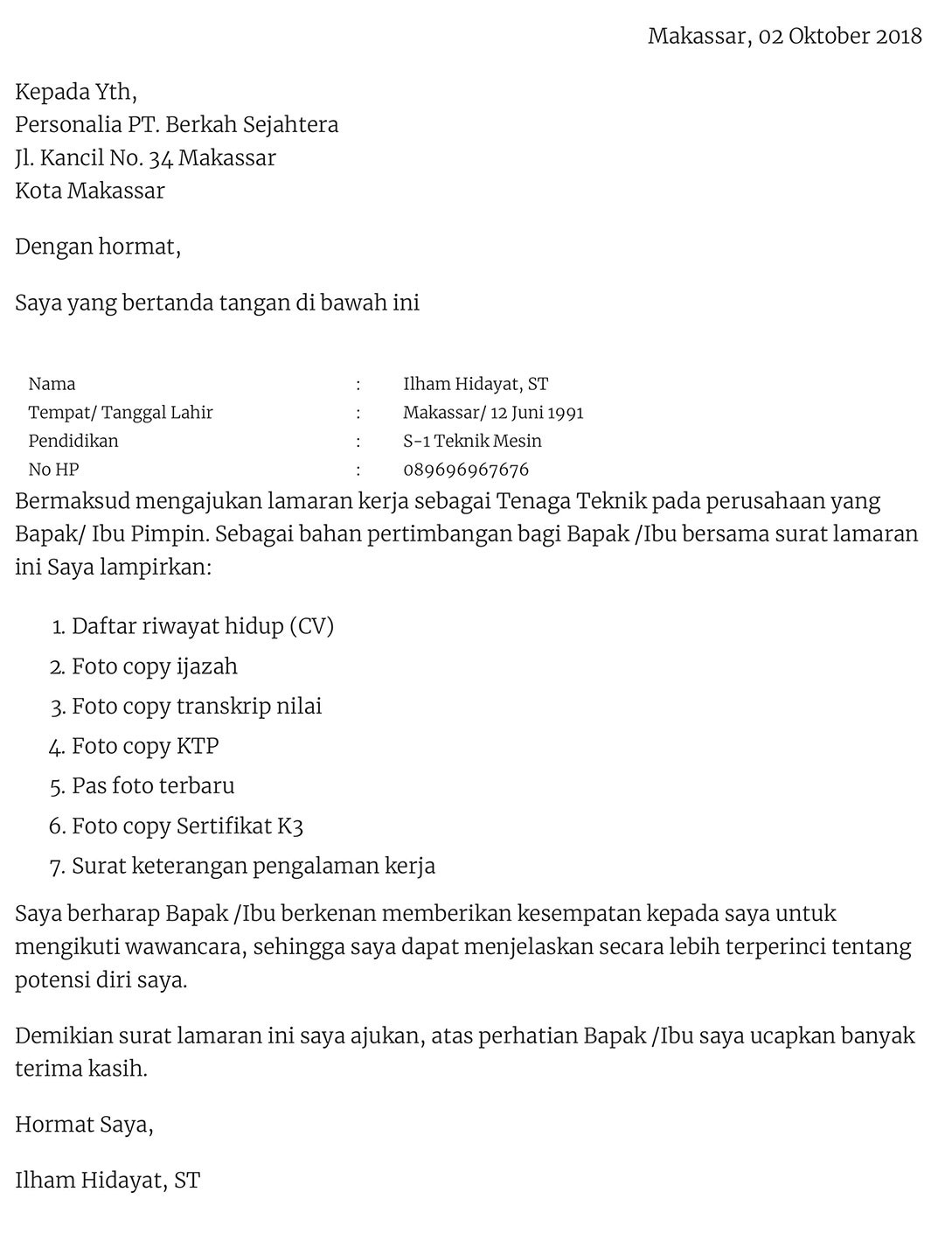 Contoh Surat Lamaran Kerja Lowongan Kerja Kalimantan Tengah