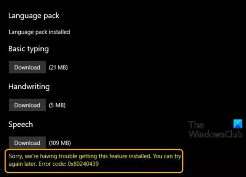 Lo sentimos, tenemos problemas para instalar esta función - Código de error 0x80240439