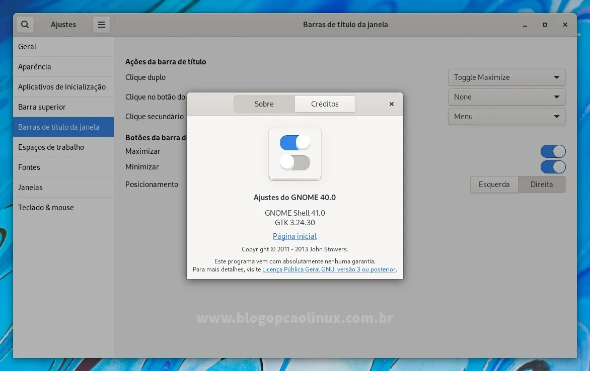 GNOME Tweaks executando no Fedora 35 Workstation