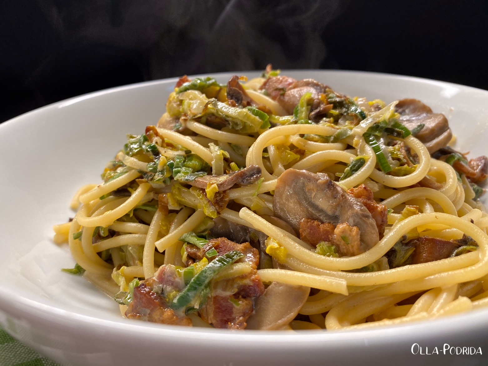OllaPodrida Leek and Cabbage Pasta with Mushrooms & Bacon