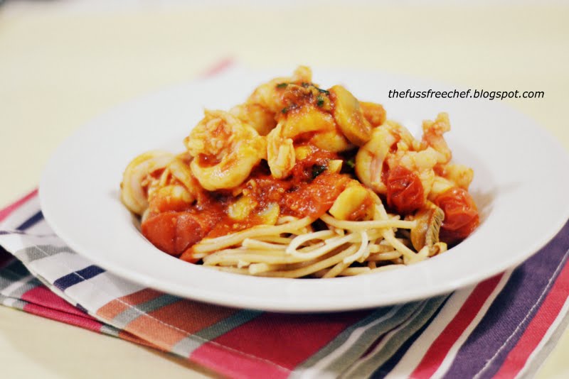 the FUSS FREE chef Easy Western Post 4 Shrimp and Mushroom Pasta in Marinara Sauce