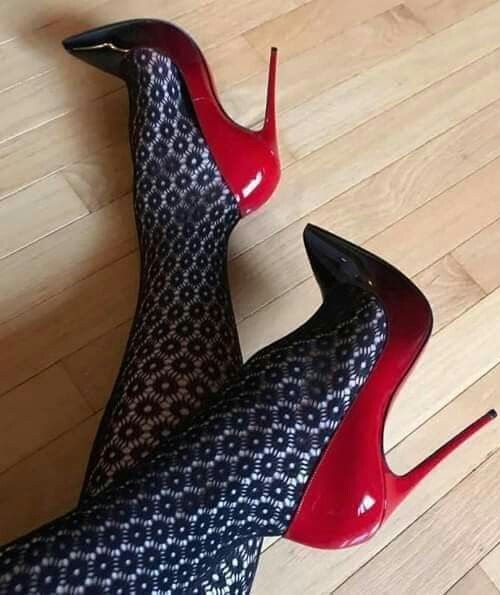 Red high heels black tights