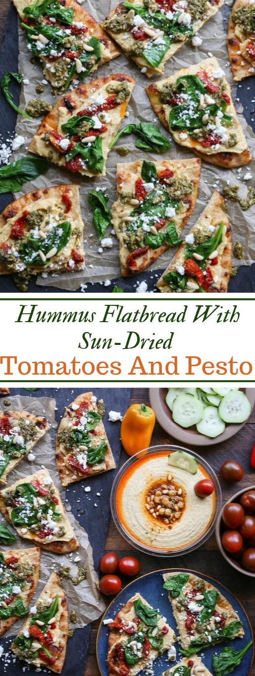 HUMMUS FLATBREAD WITH SUN-DRIED TOMATOES & PESTO #vegetarian #dinner #broccoli #tomato #easy 