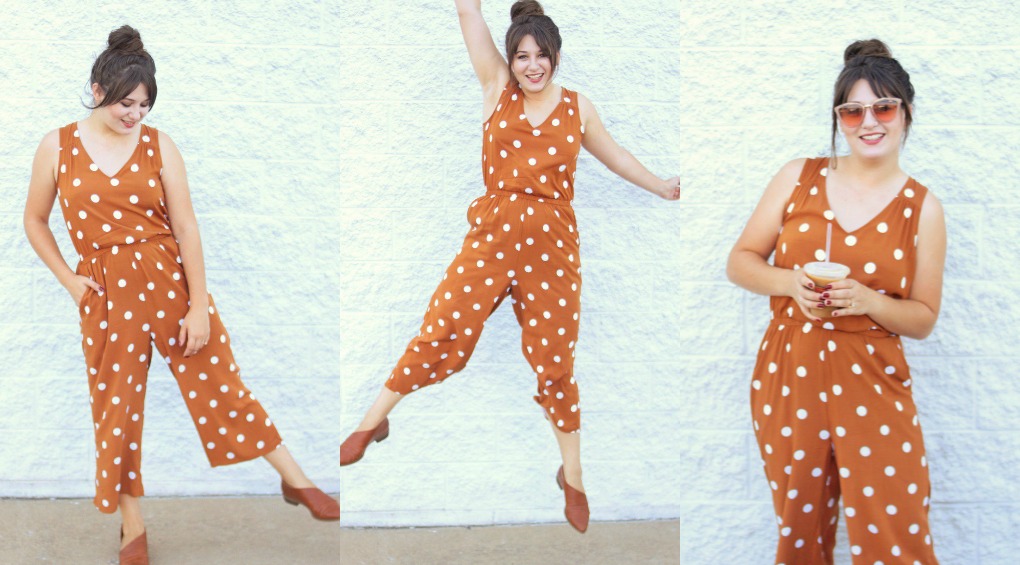 orange polka dot jumpsuit