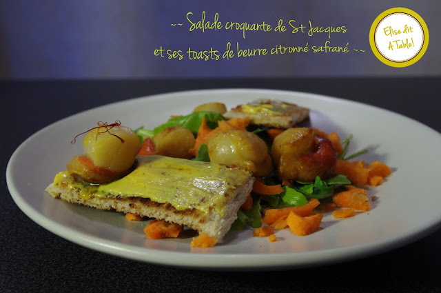 Salade croquante de St Jacques et ses toasts de beurre citronné safrané